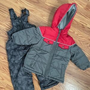 Red and Gray Hooded Winter Jacket with Overalls